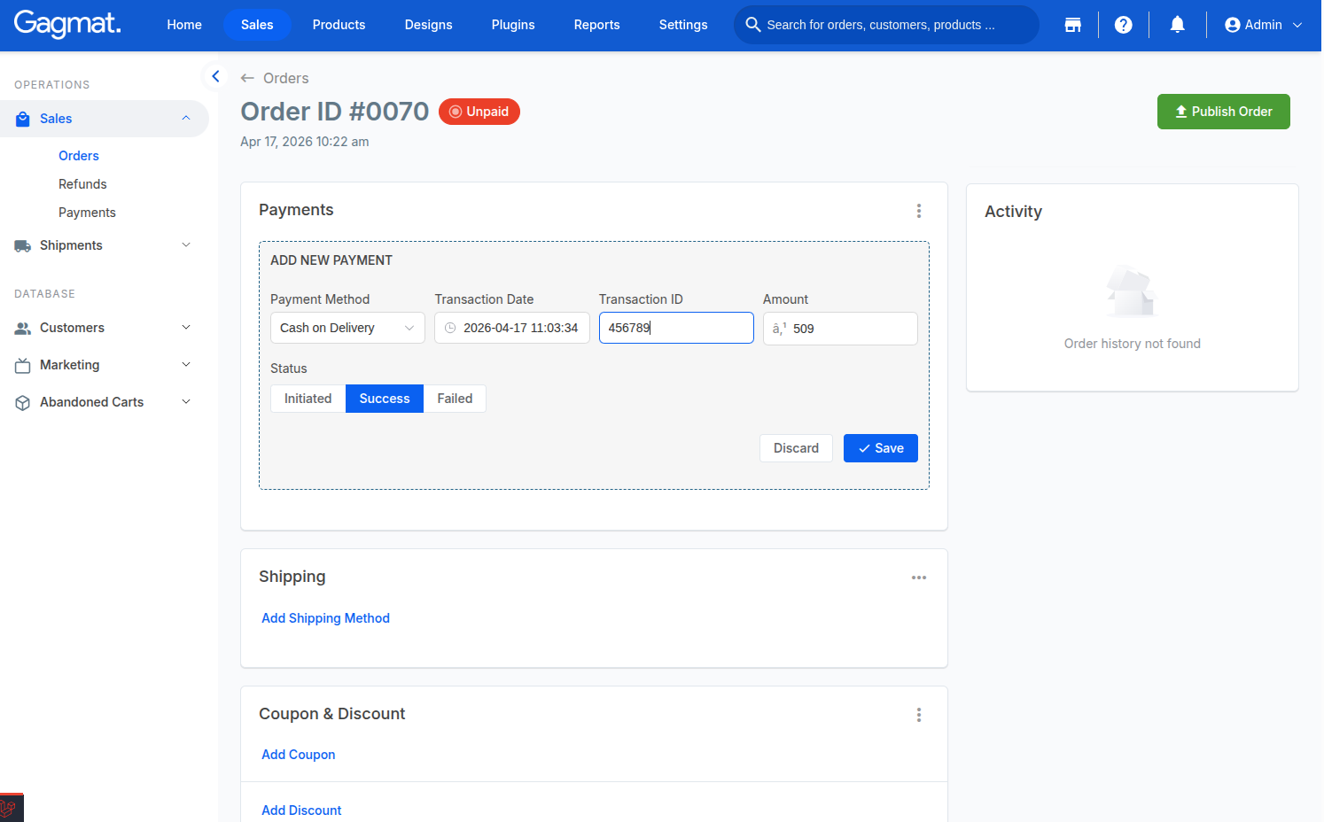 How to create order manually?